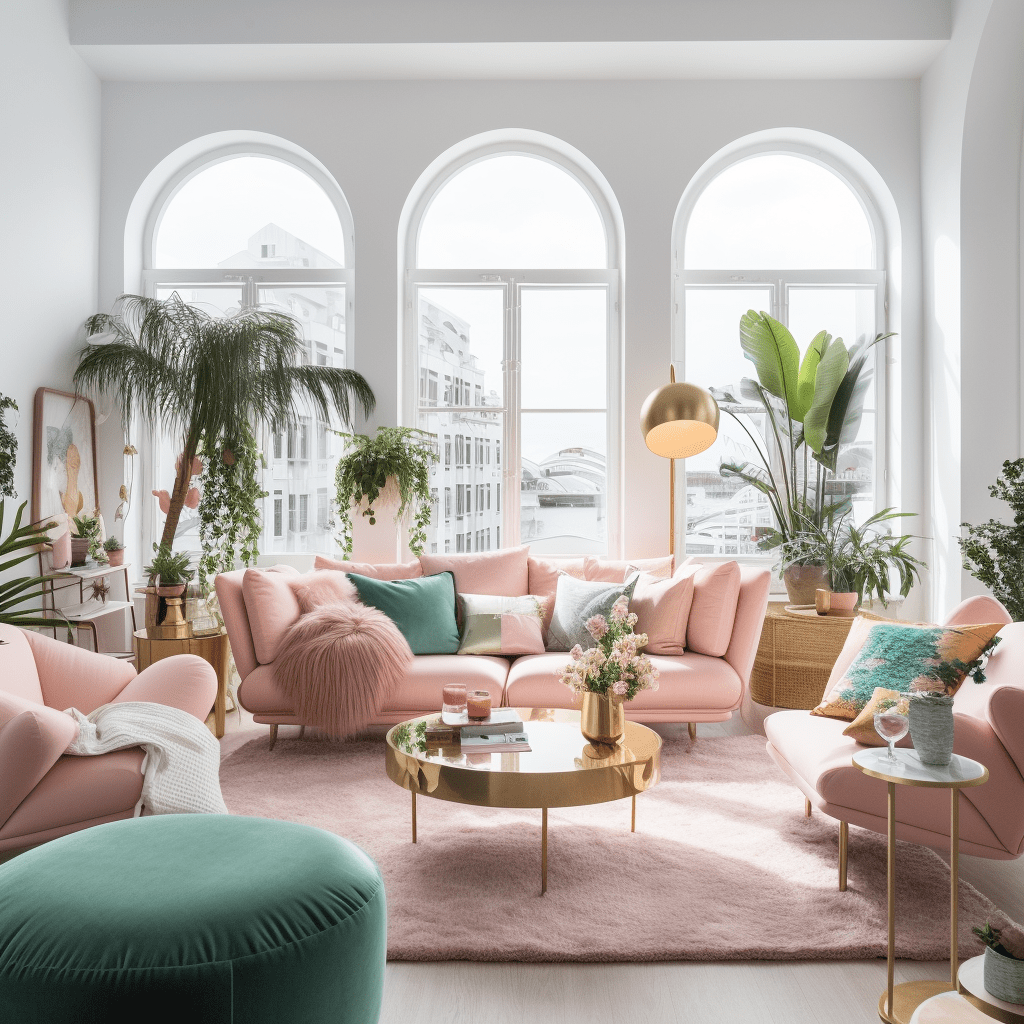 obývací pokoj inspirace růžový se zelenou
