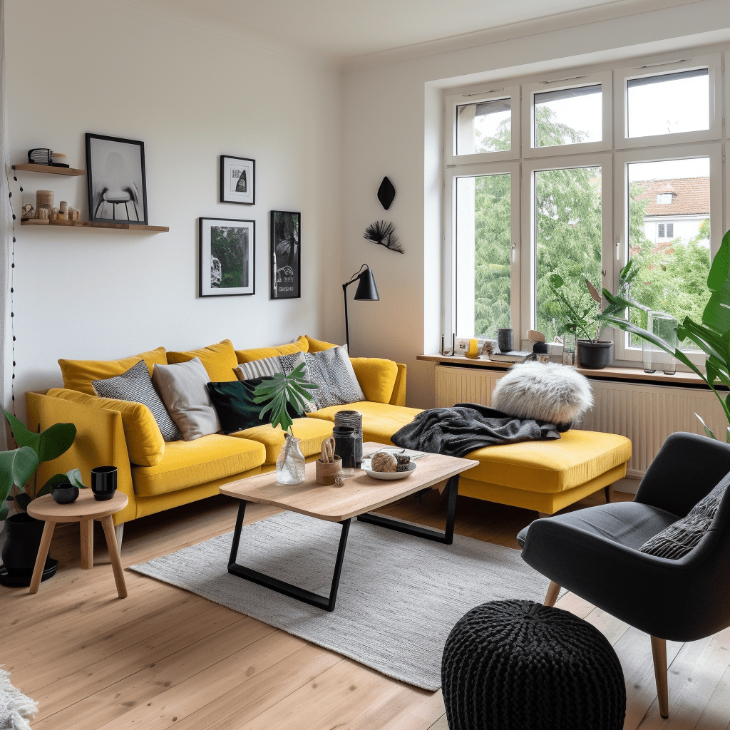 panelákový obývací pokoj se žlutou pohovkou