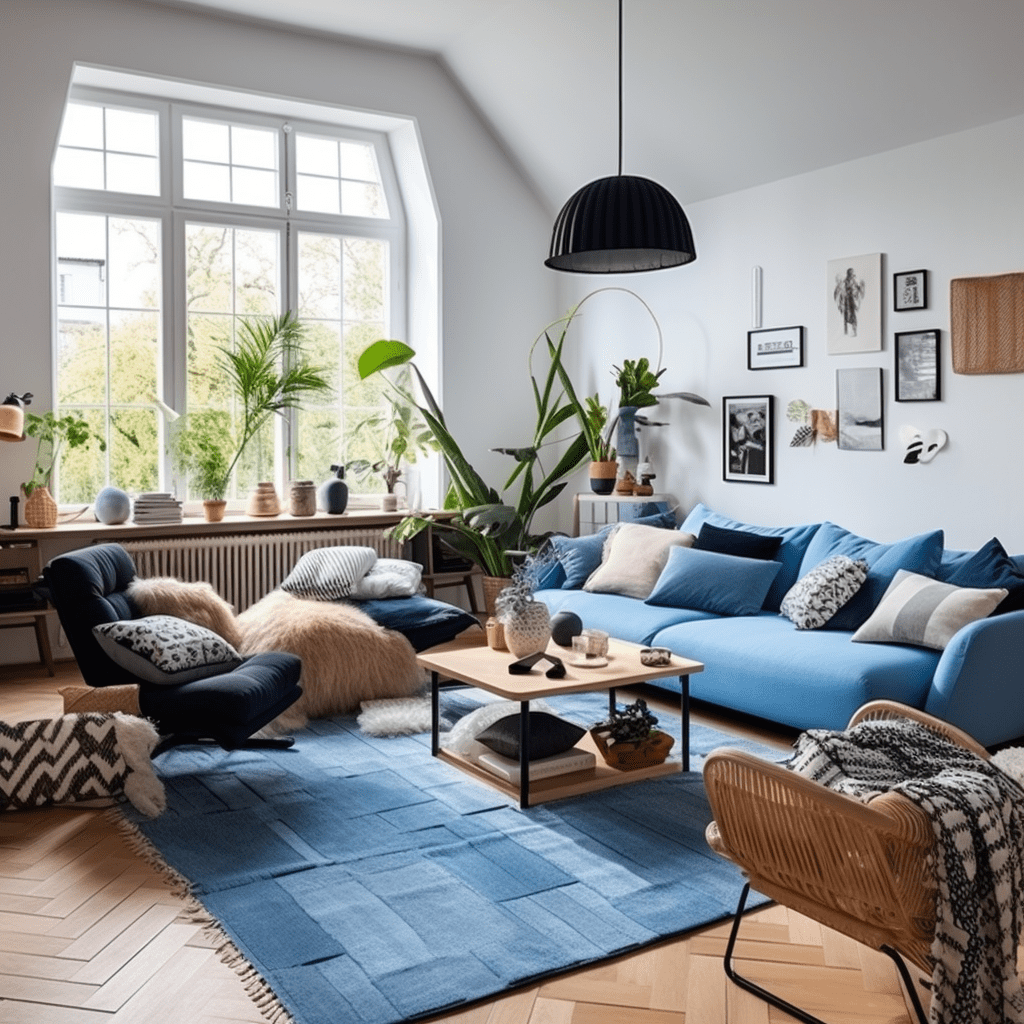 zařízení obývacího pokoje v modré barvě