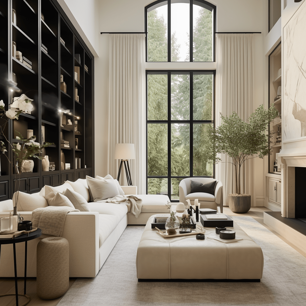 luxusní obývací pokoj s vysokými stropy ve světlých barvách