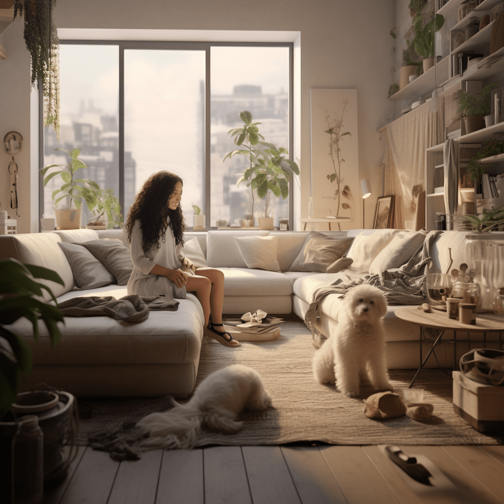 obývací pokoj žena sedící se psem inspirace