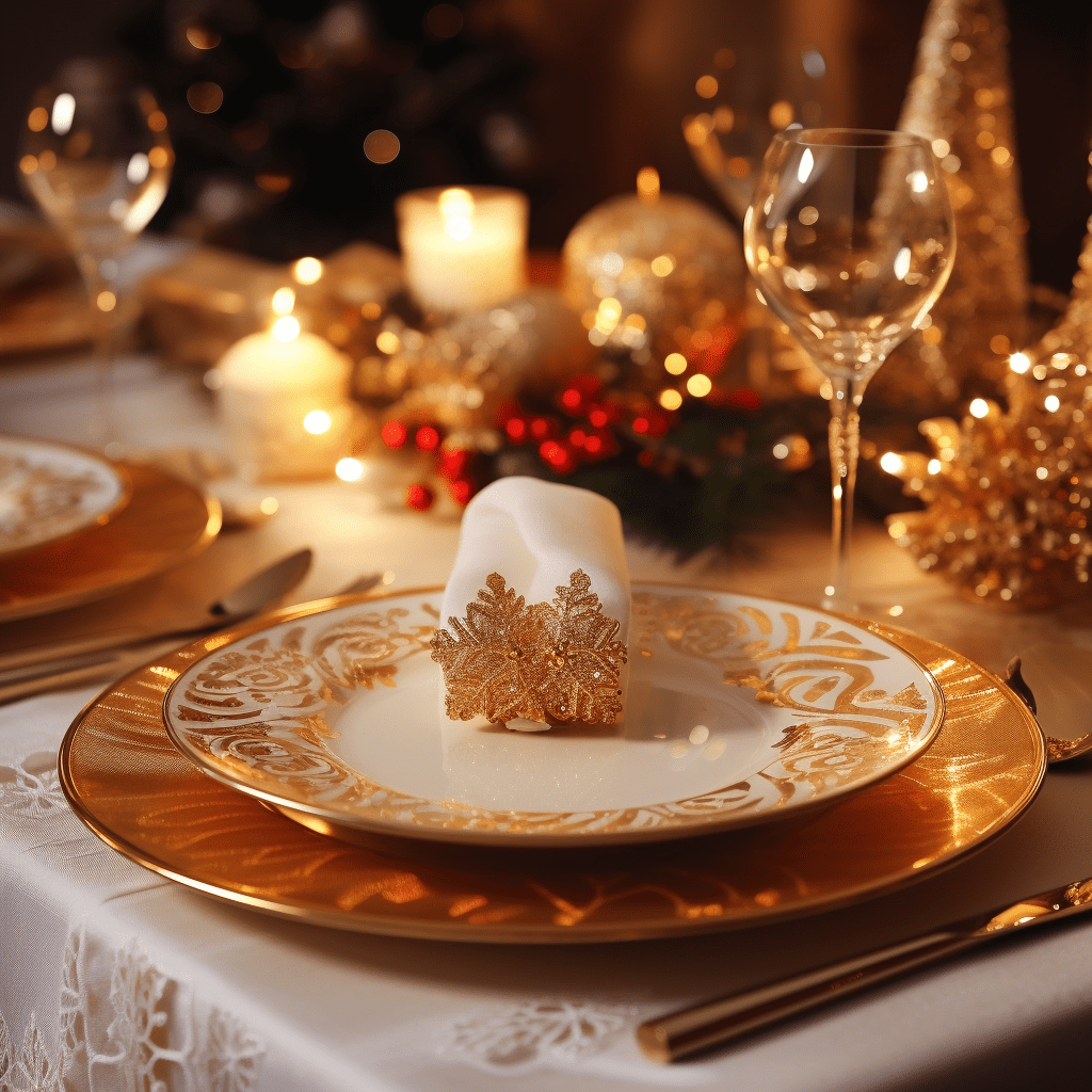 zlatý vánoční stůl s dekoracemi