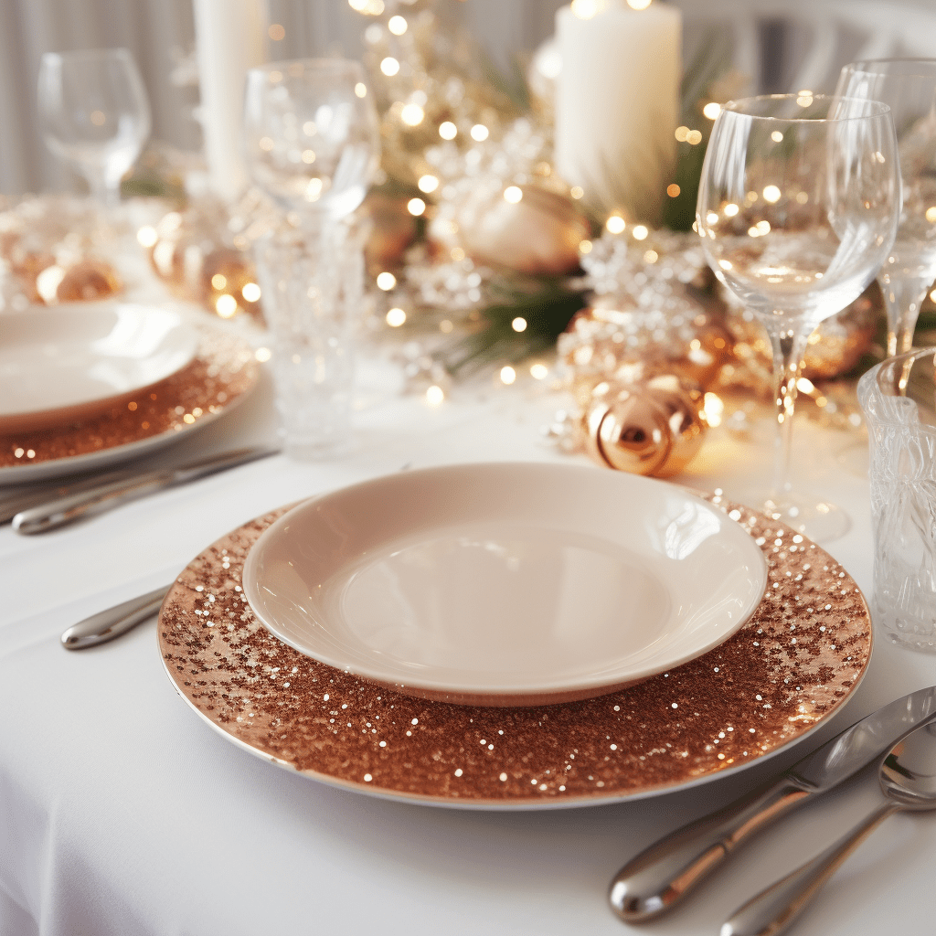 inspirace na vánoční prostřený stůl s měděným talířem a bílou