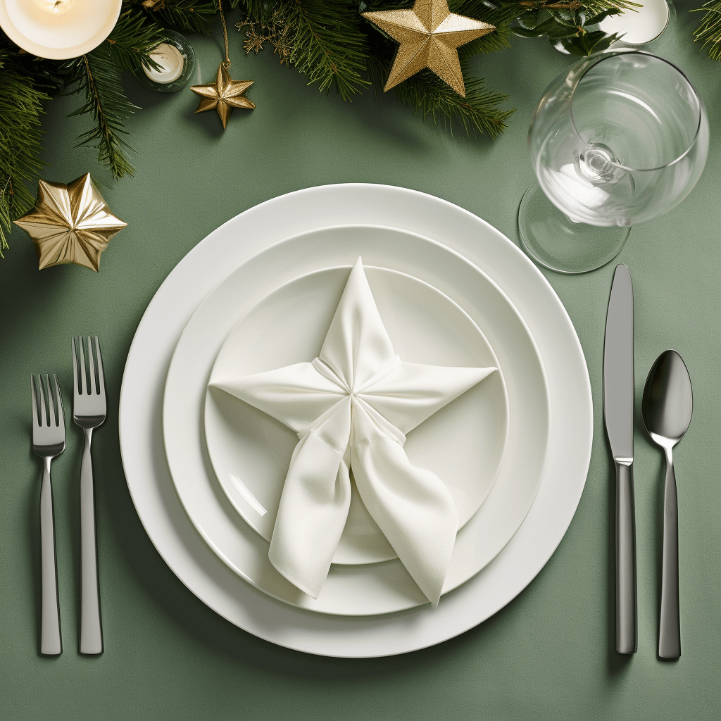 zelený vánoční stůl s ubrusem a hvězdou