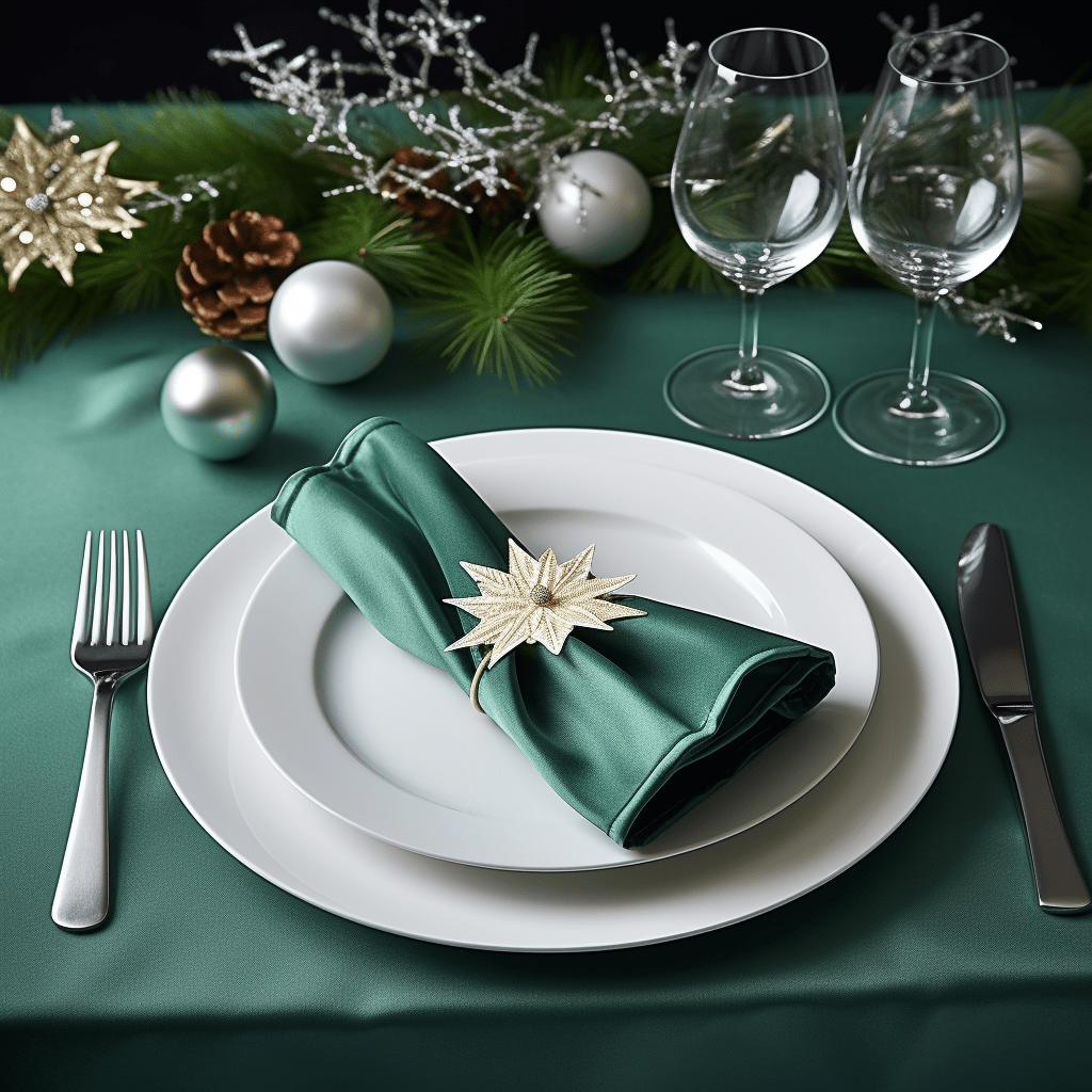 zeleně zdobený vánočně prostřený stůl