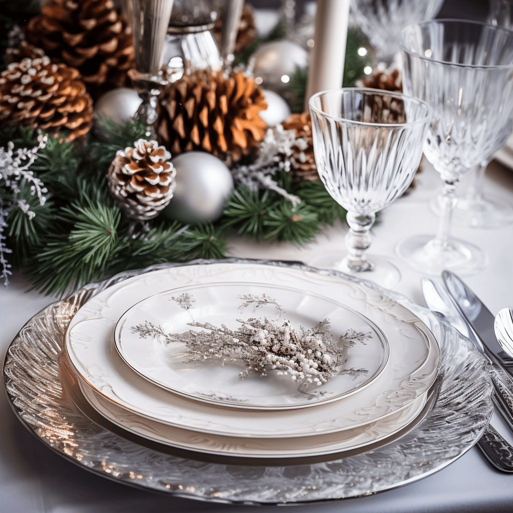 sklo a nádobí na vánočním stole v bílé