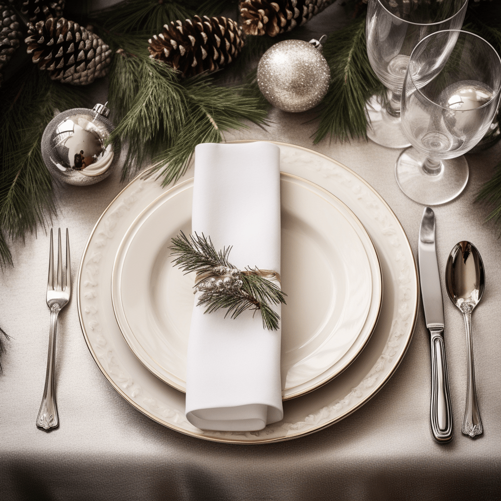 jednoduché vánoční servírování se snítkou borovice a bílým porcelánem