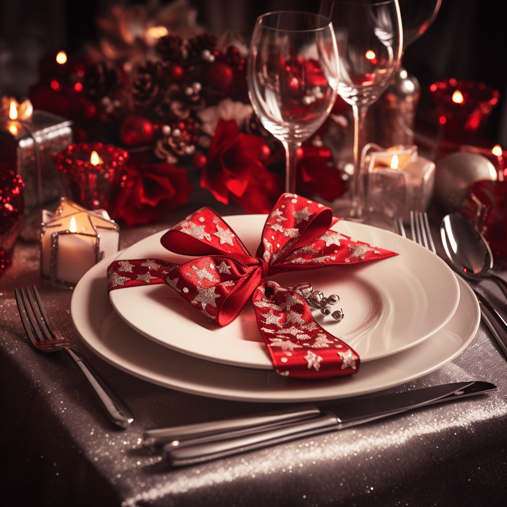 červeně zdobený vánoční stůl