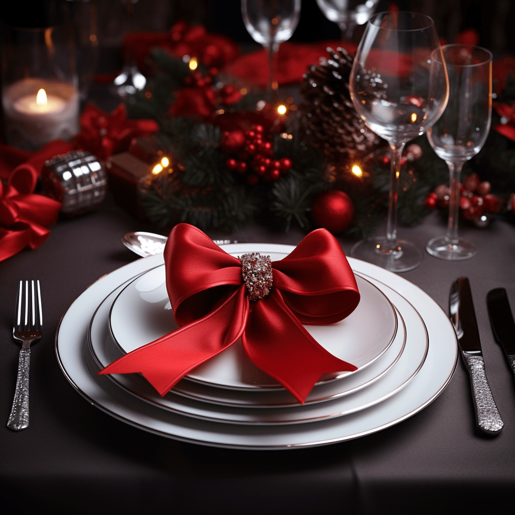 porcelánové talíře prsotřené na vánočním stole s detaily červené barvy
