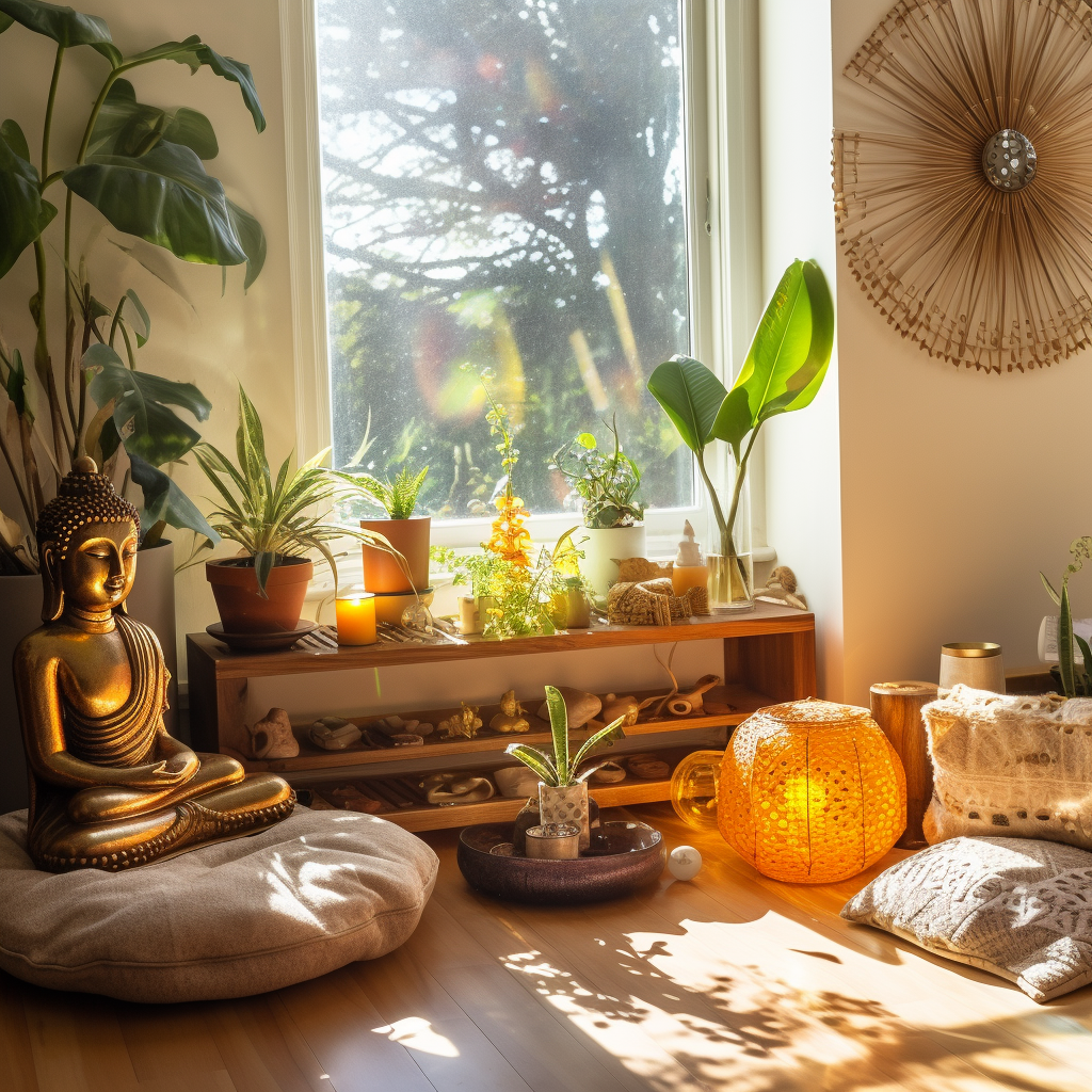 meditačního koutku v rustikálním stylu s přírodními materiály, rostlinami a buddhou