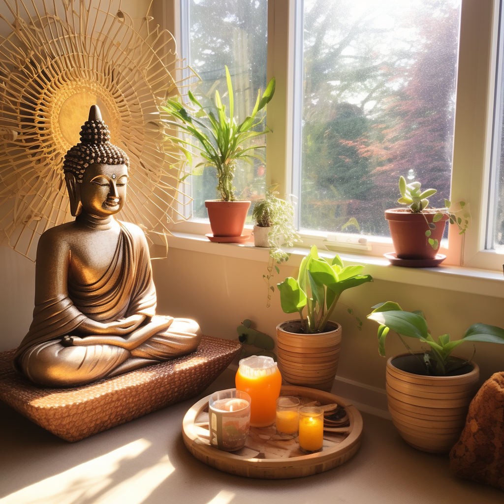 Moderní Zen: Minimalistický design s buddhou a neutrální barvy pro elegantní meditační prostor