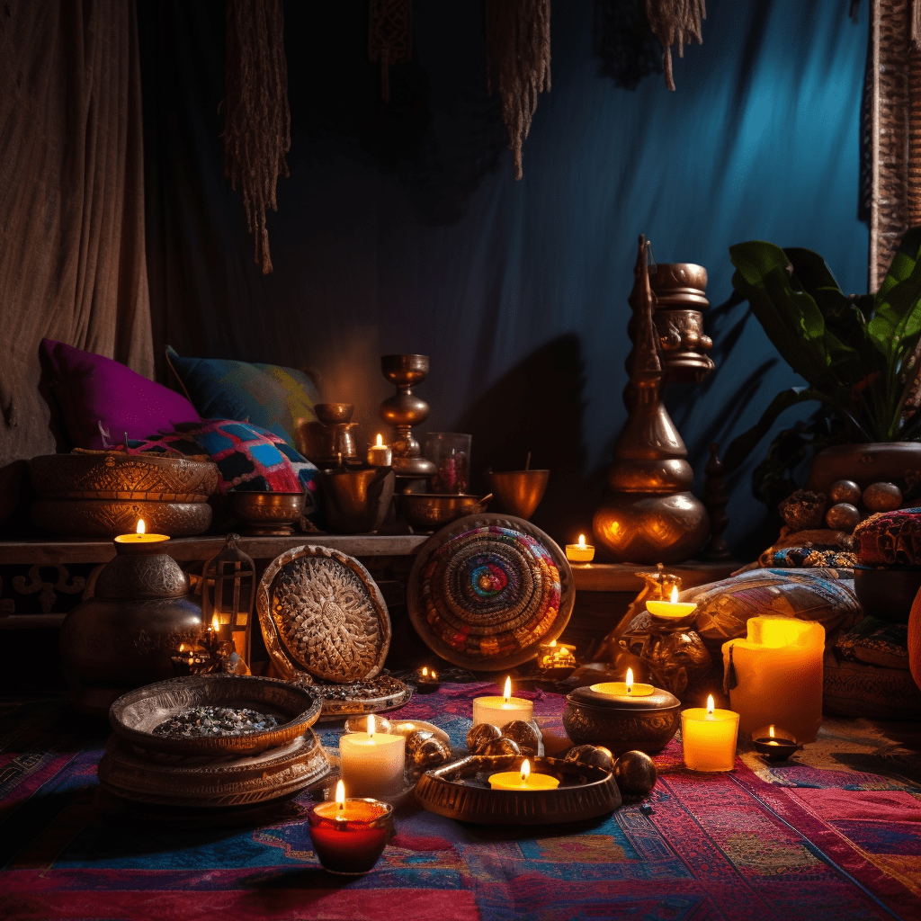 Tmavý Barevný meditační koutek s živými odstíny a jemným osvětlením pro klidnou meditaci 