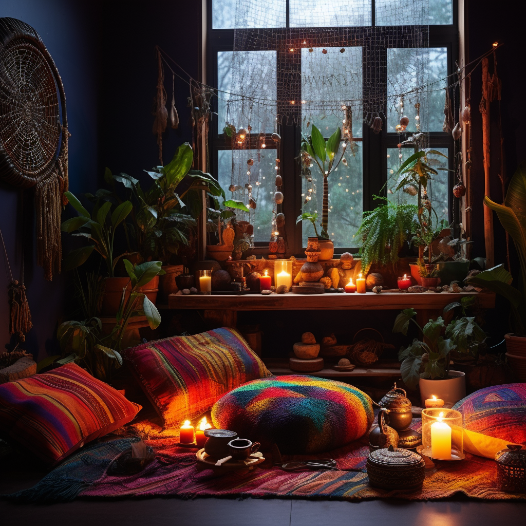 barevný meditační koutek pro večerní meditaci se svíčkami