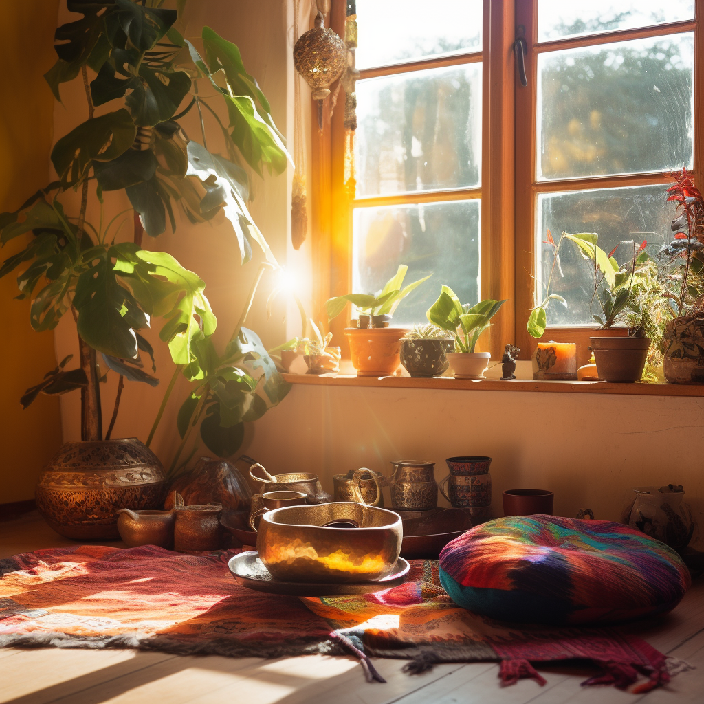 Meditační prostor s teplými zlatými tóny pro relaxaci na zlaté hodiny