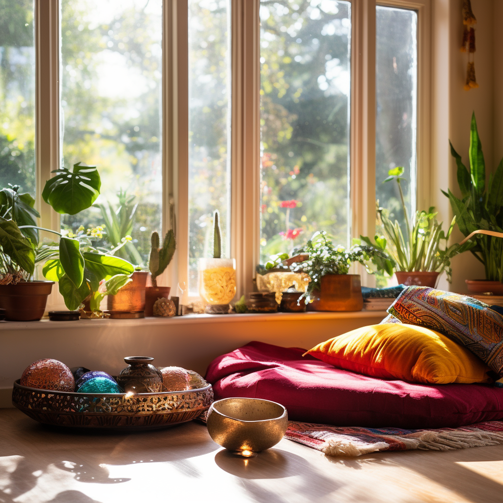 Meditační Symfonie: meditační kout s harmonickým spojením barev, svíček a rostlin pro úplnou relaxaci.