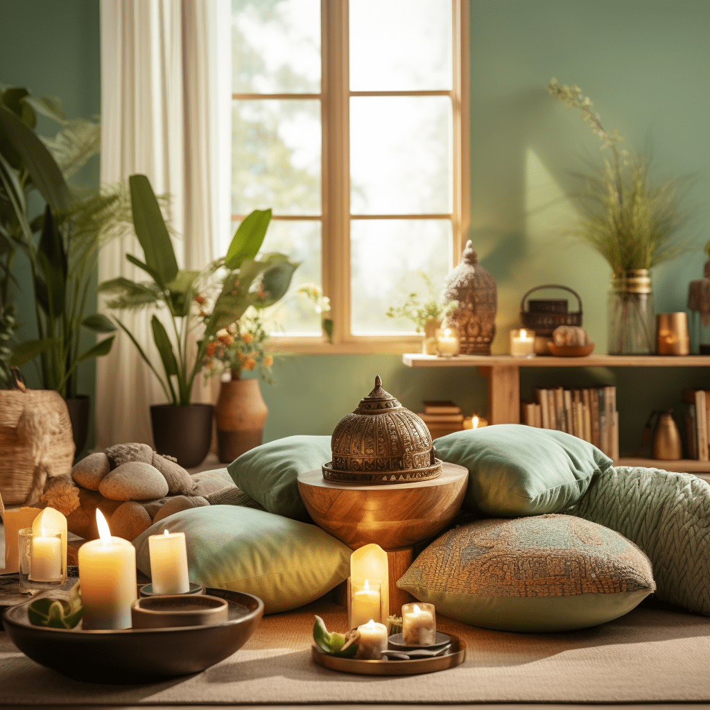 Oáza Klidu: meditační pokoj v odstínech zelené plný pohodlí, kde se setkává klid a harmonie