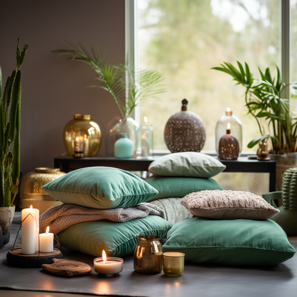 Meditační koutek s zelenými a krémovými barvami a přírodními motivy pro osvěžující meditační zážitek