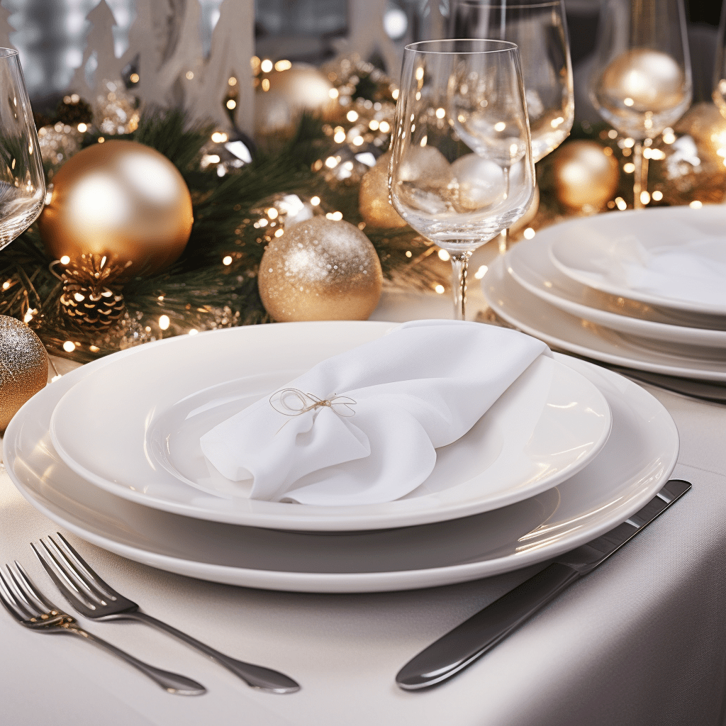 zlatě zdobený vánoční stůl s jednoduchými bílými talíři