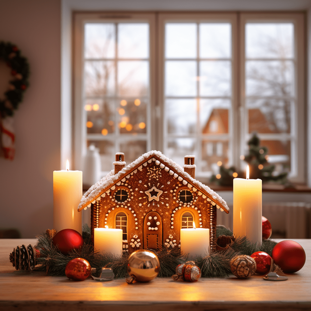 Adventní věnec s perníkovou chaloupkou a ozdobami