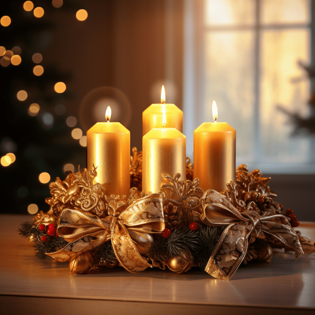 Luxusní adventní věnec s zlatými ozdobami a svíčkami