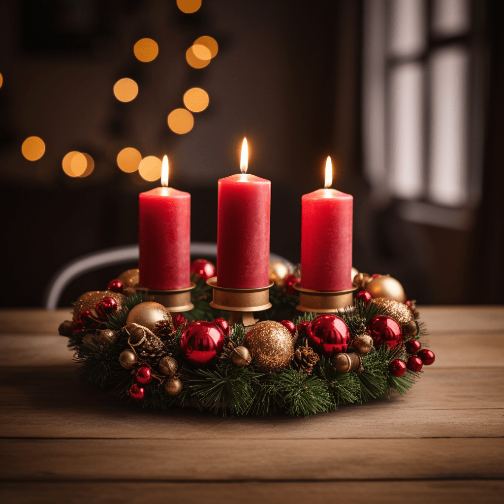 Svěží zelený adventní věnec s jehličím a červenými svíčkami