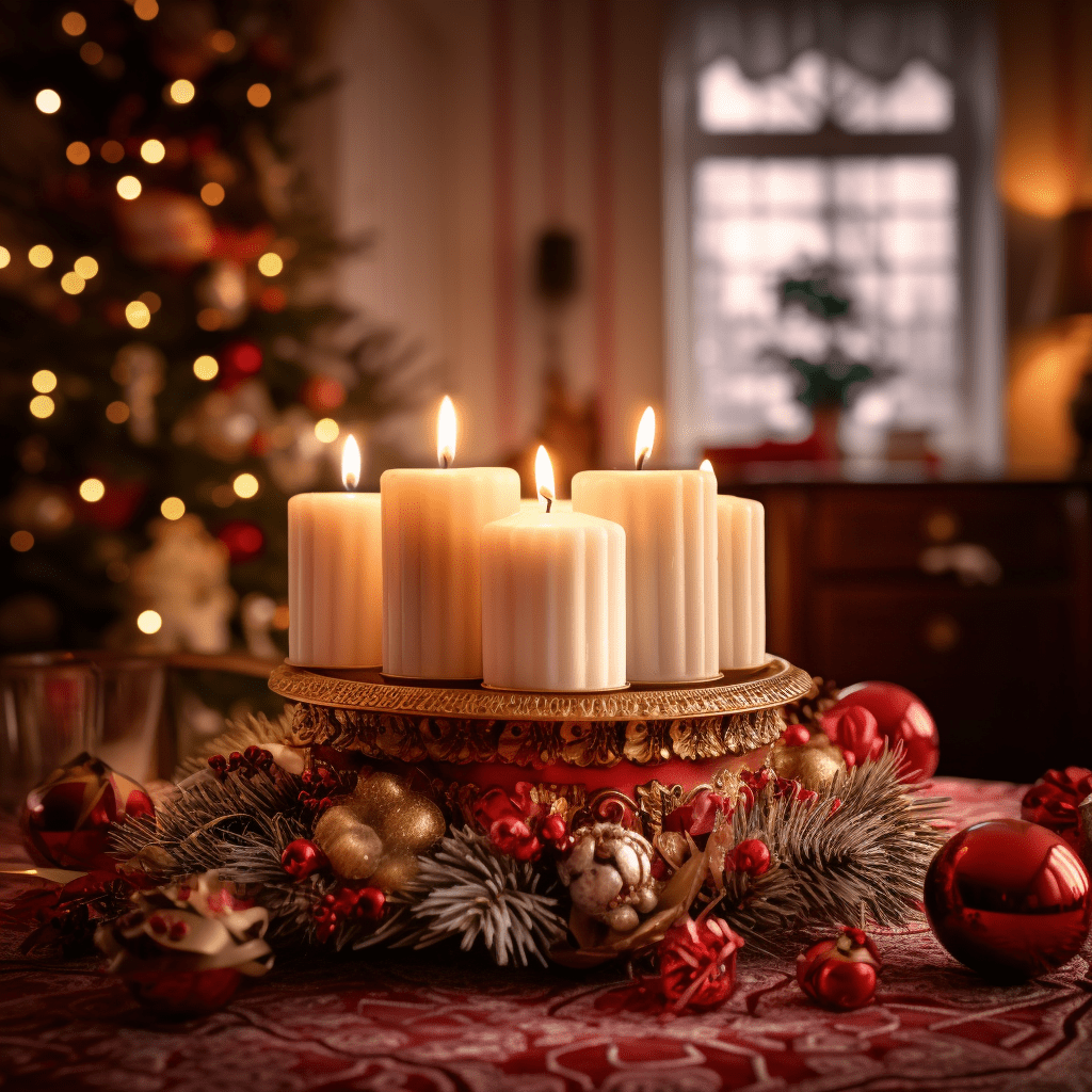 Adventní věnec zdobený tradičními vánočními ozdobami