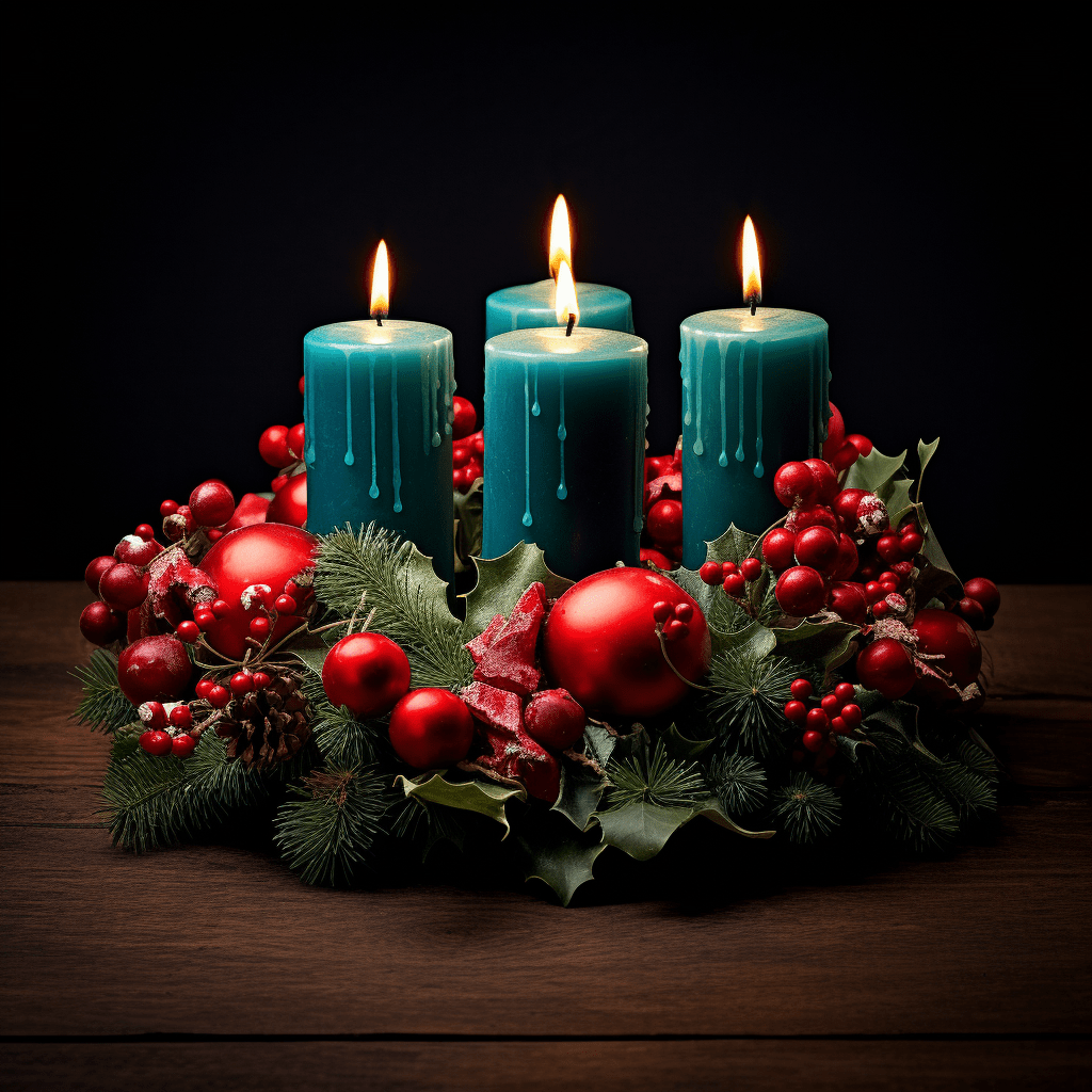 Adventní věnec s tyrkysovými svíčkami a šiškami