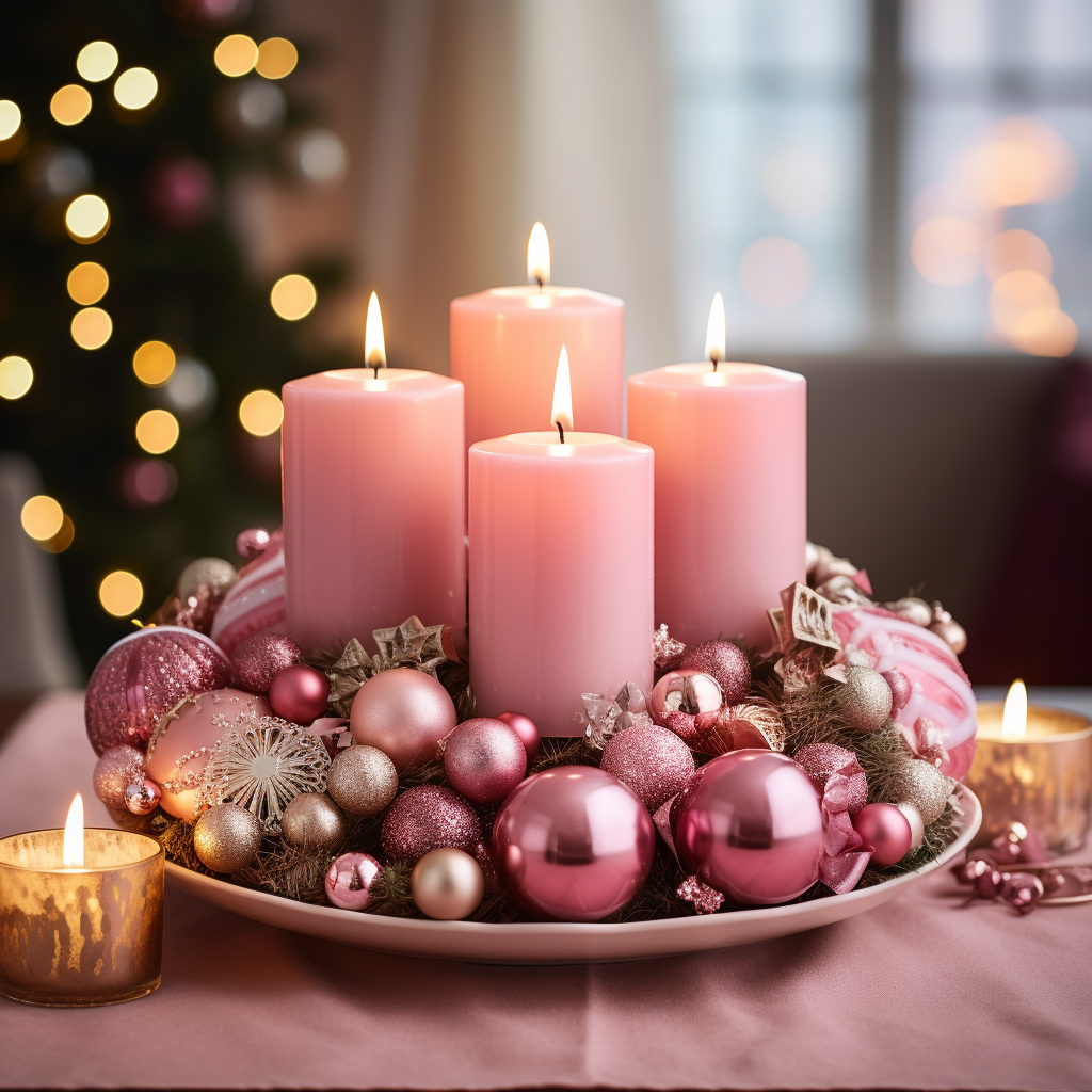 Růžový adventní věnec s vánočními ozdobami a svíčkami