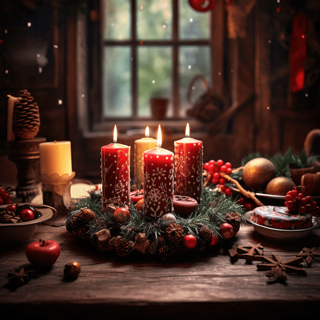 Adventní věnec se svíčkami zdobenými zimními vločkami