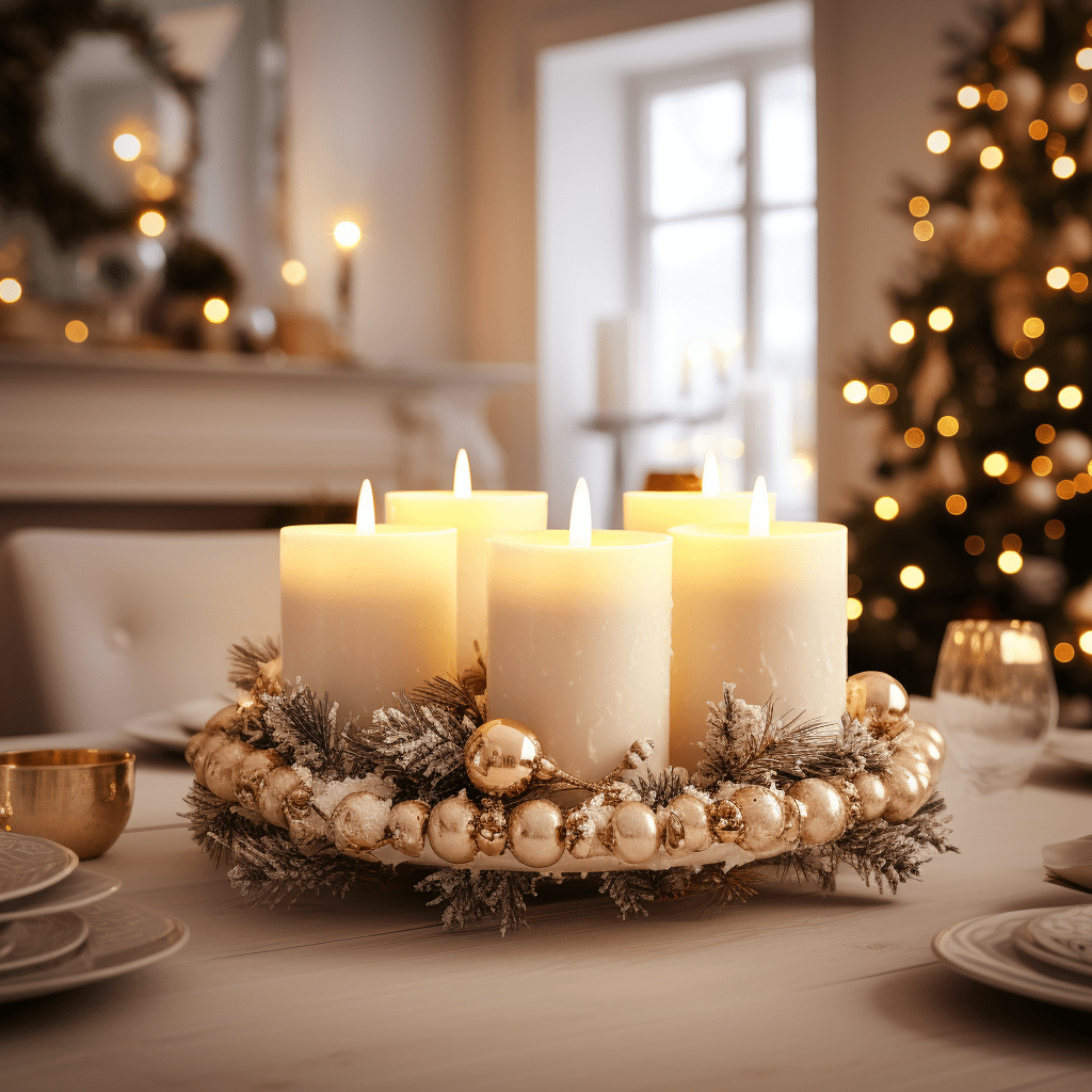 Elegantní bílý adventní věnec s jemnými ozdobam