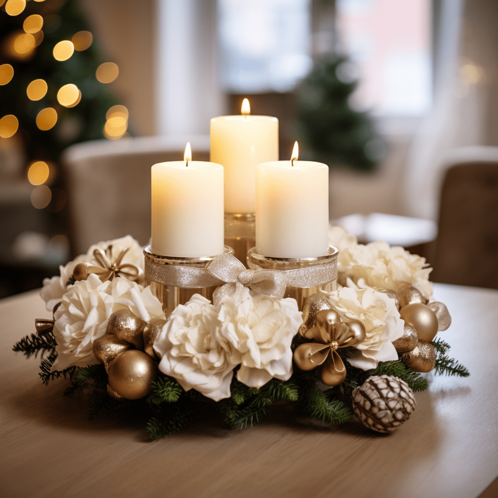 Adventní věnec s umělými květinami a bílými růžemi