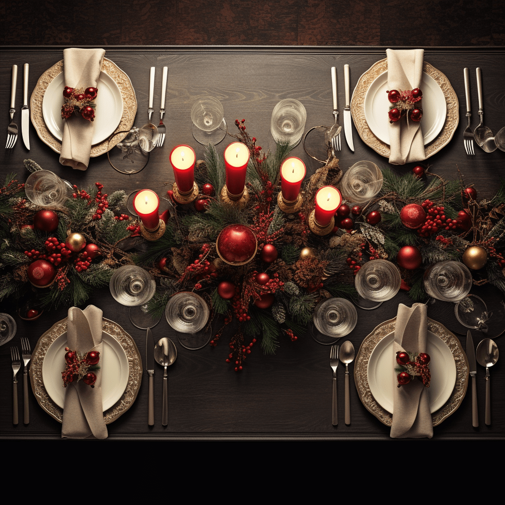 pohled na vánoční stůl ze shora s dekoracemi z jehličí