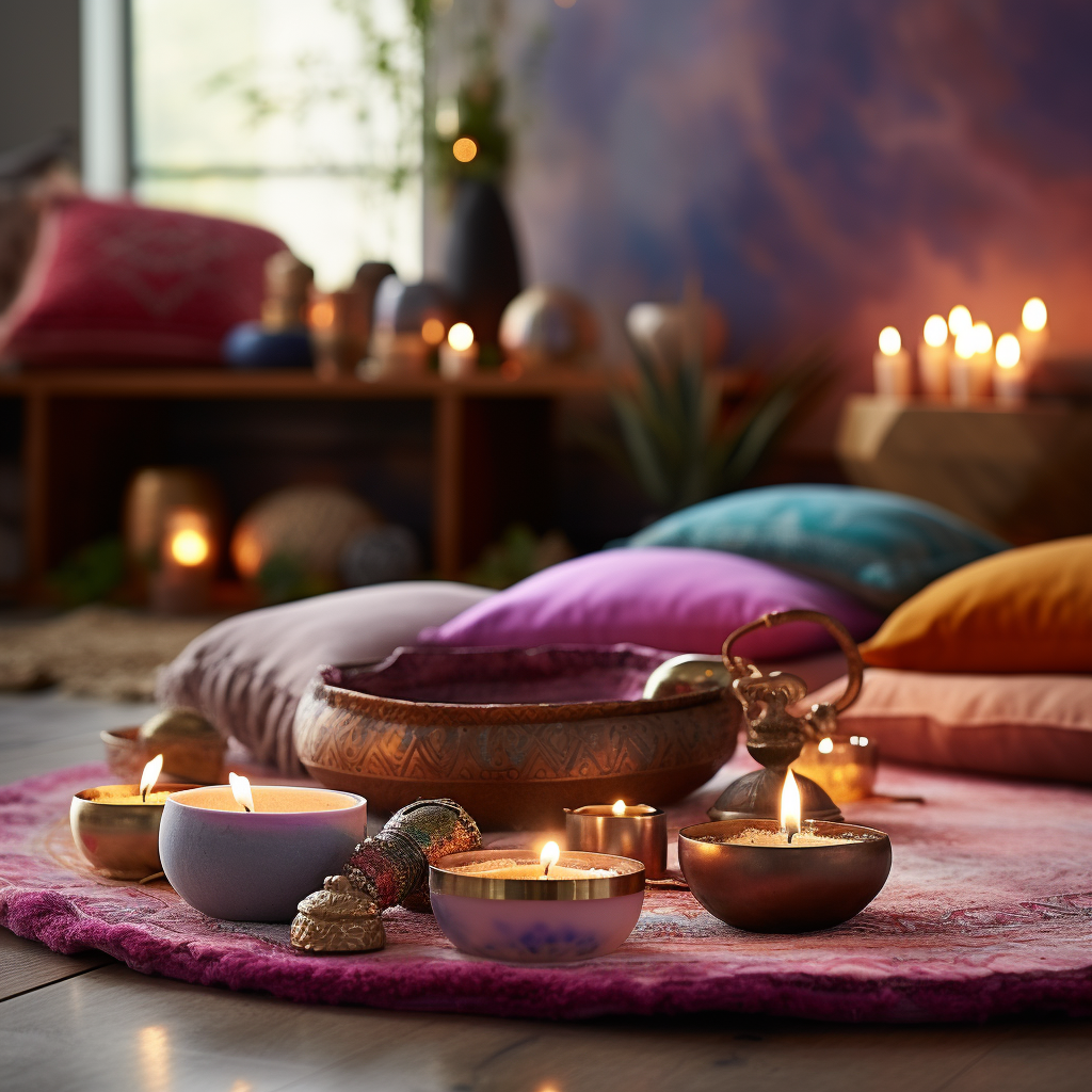 Meditační prostor plný svíček a teplého světla pro večerní relaxaci