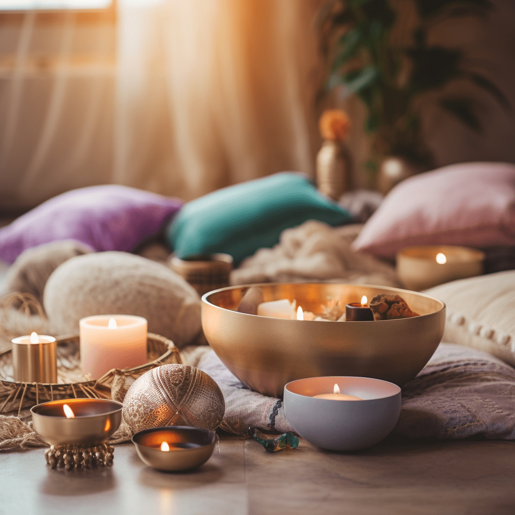  Lehký a vzdušný meditační koutek v pastelových barvách pro klidnou mysl s pastelovými polštáři, svíčkami a tibetskou mísou.