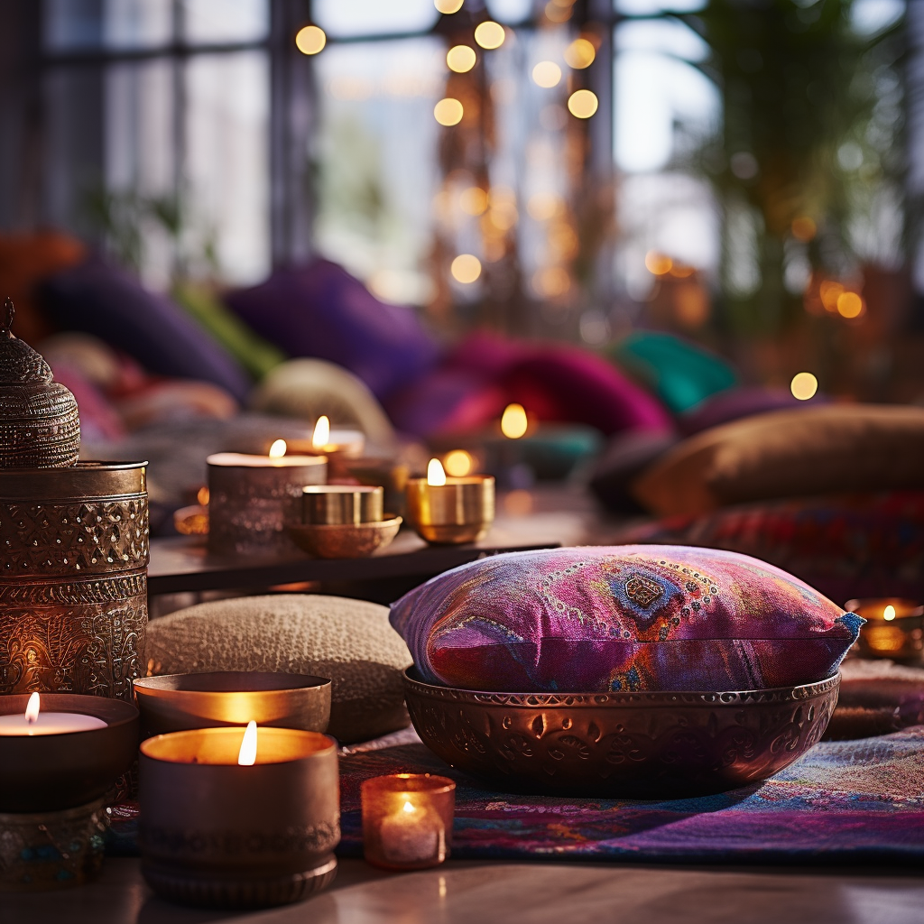 Etnický Půvab: Meditační koutek s etnickými vzory a bohatými barvami pro kulturní inspiraci