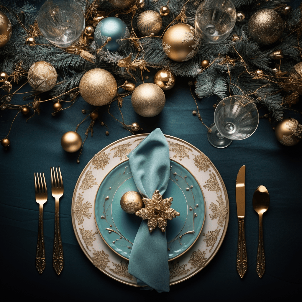 modro zlatý prostřený vánoční stůl se zlatými příbory