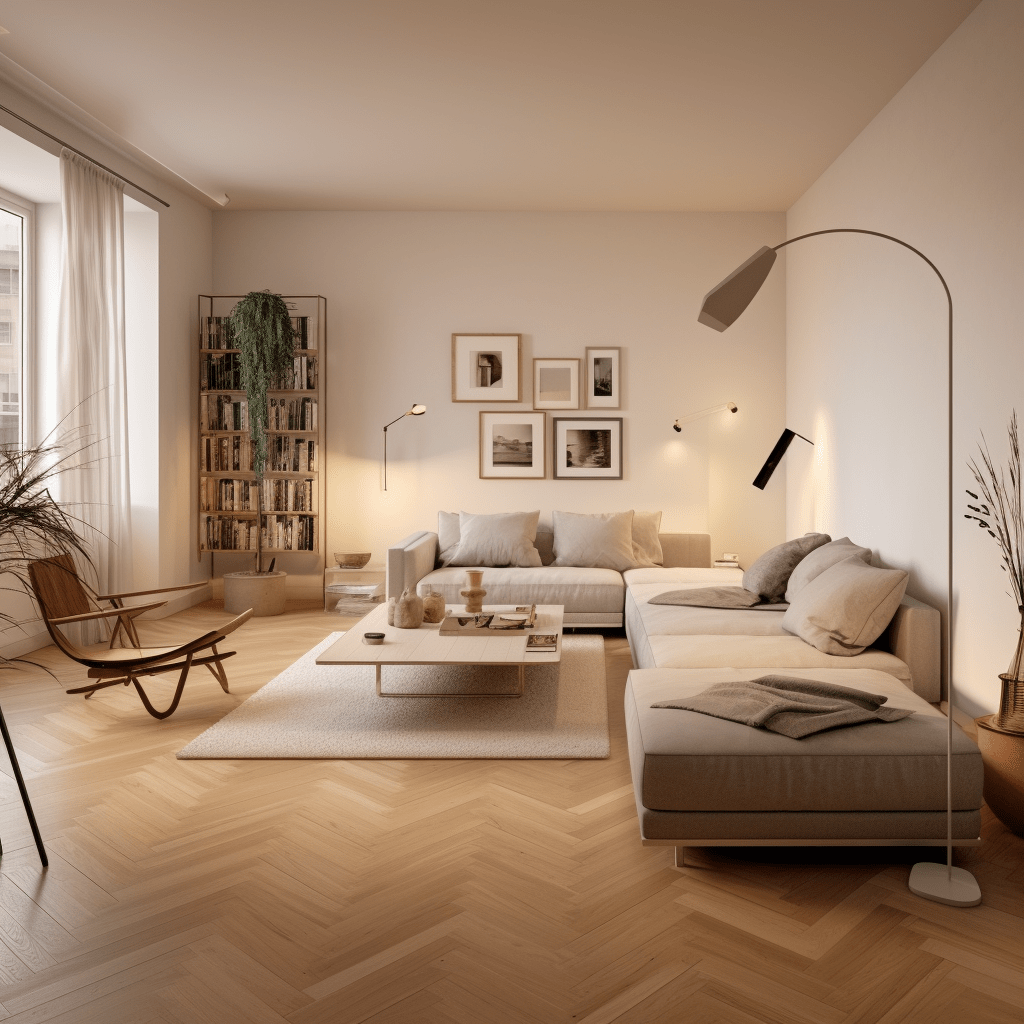 obývací pokoj ve stylu minimalismu s velkou pohovkou v krémové barvě