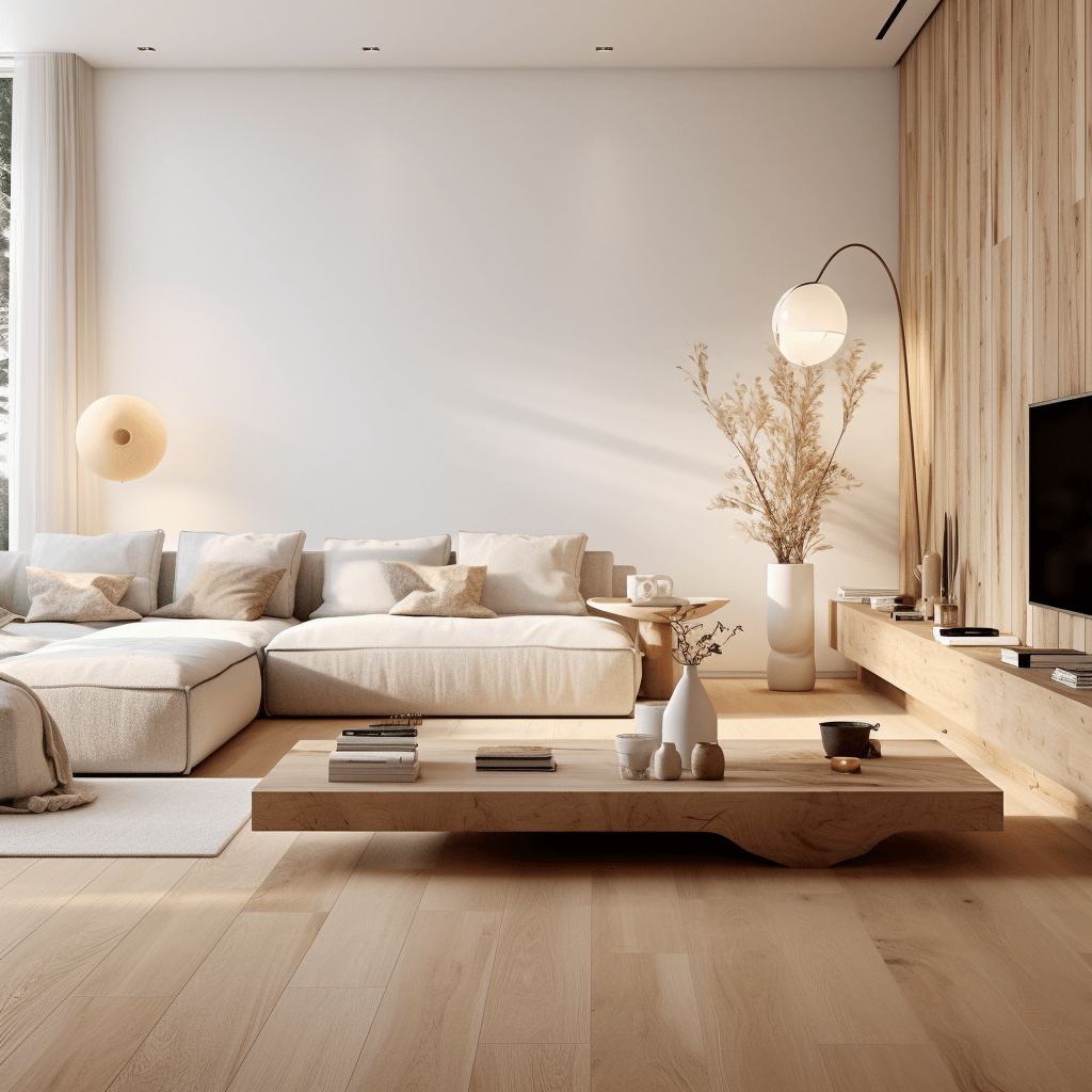 obývací pokoj s dřevěným obkladem na stěně