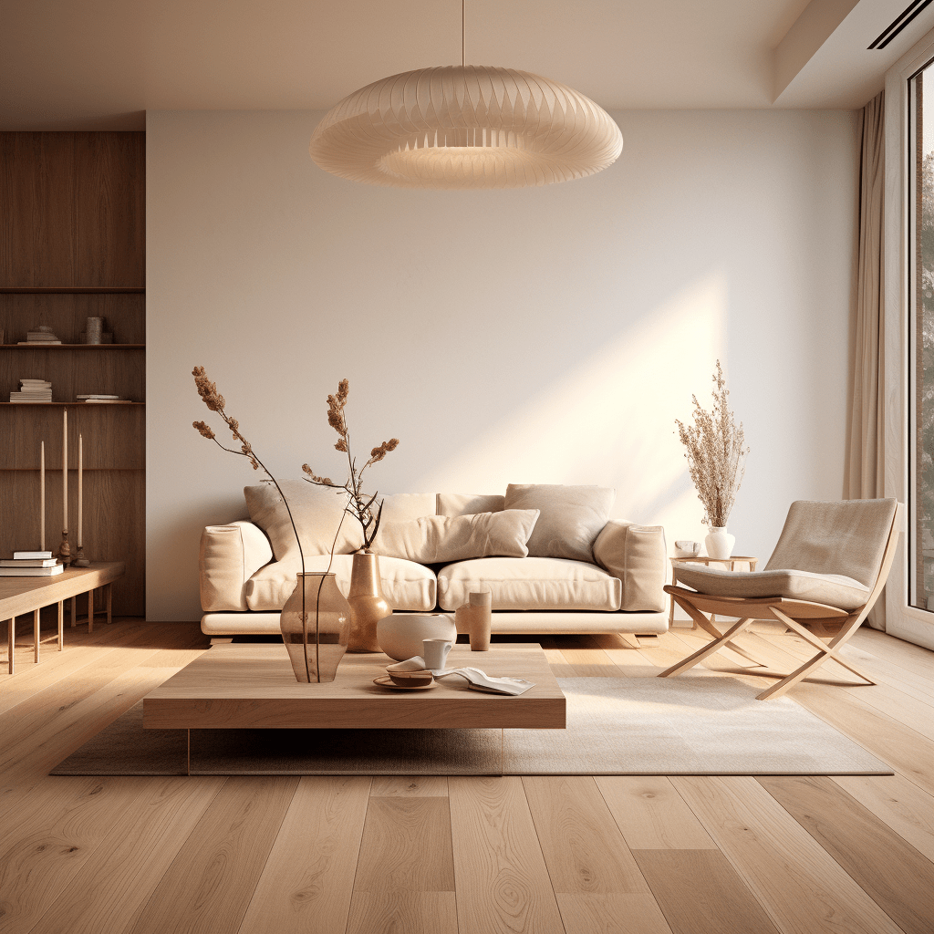 obývací pokoj s velkým lustrem v neutrálních barvách s přírodními materiály