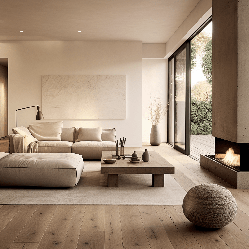 minimalistický interiér v teplých barvách s velkými francouzskými okny