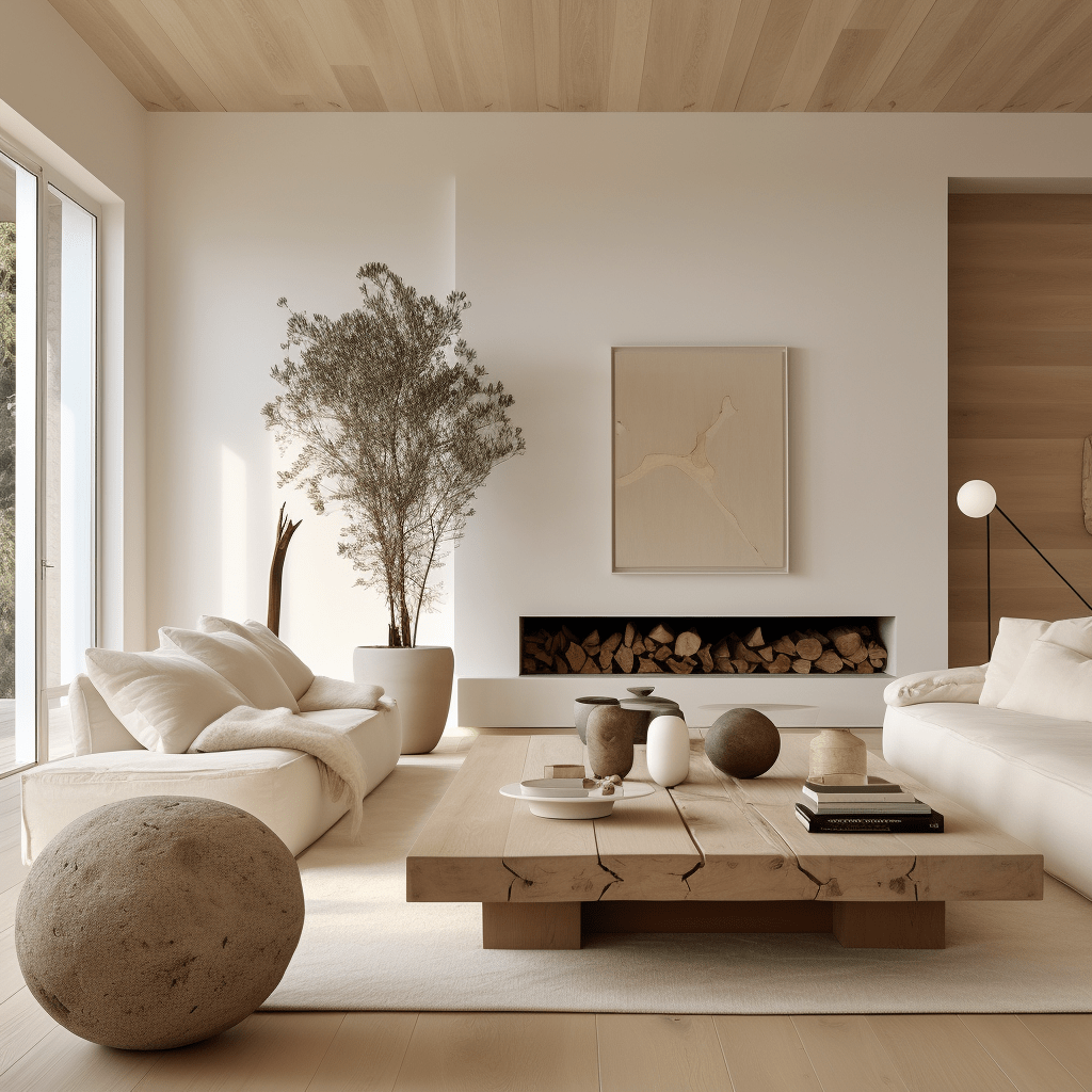 minimalistický obývací pokoj s dřevěným stolem a krbem