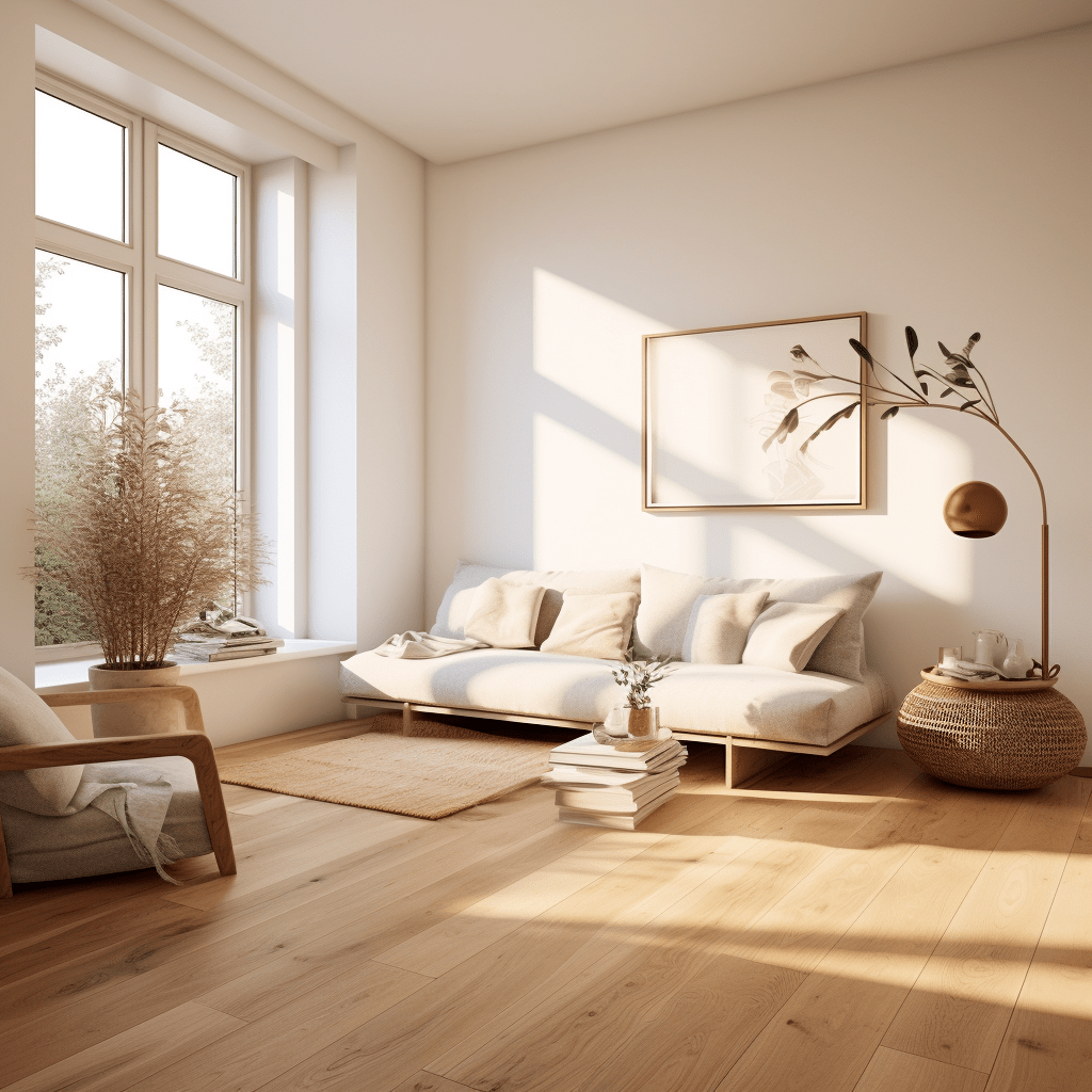 světlý obývací pokoj vybavení s přírodními materiály