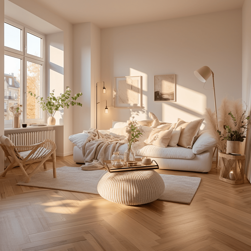 teplý minimalismus útulný obývací pokoj s bílou pohovkou a s použitím závěsů