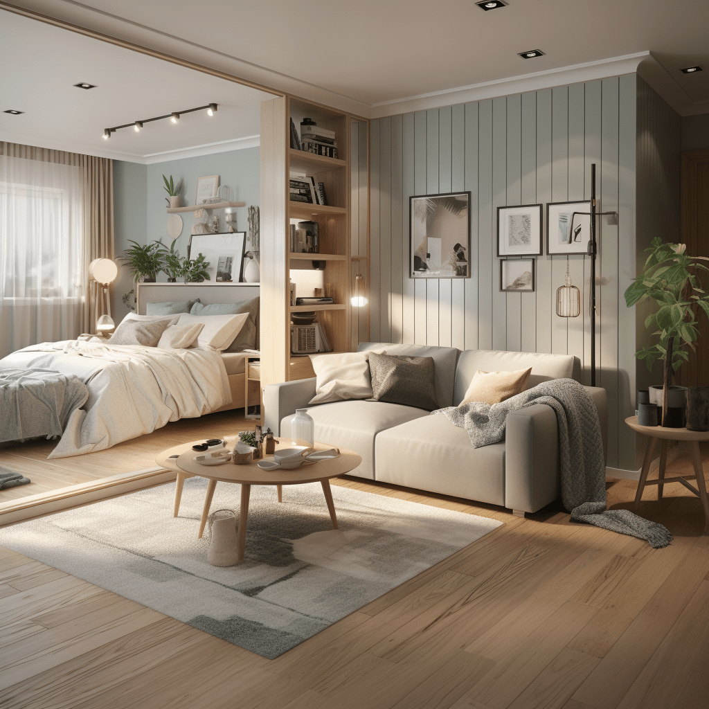 Studio s propojením ložnice a obývacího pokoje v mentolové barvě