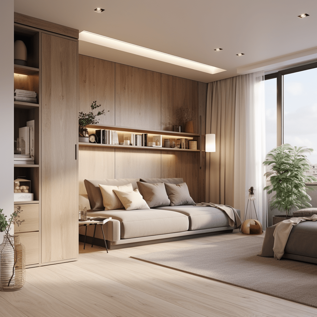 obývací pokoj v neutrálních barvách s pohovkou a postelí