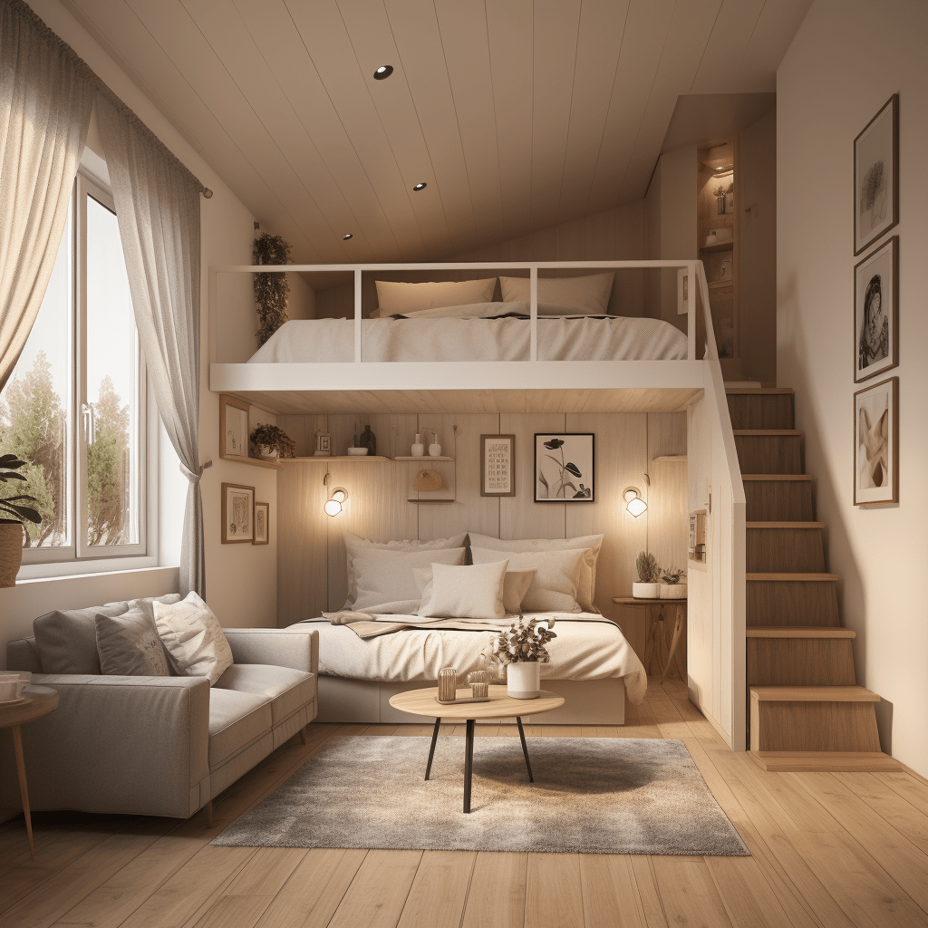 Loft se spacím patrem a úzkými schody.