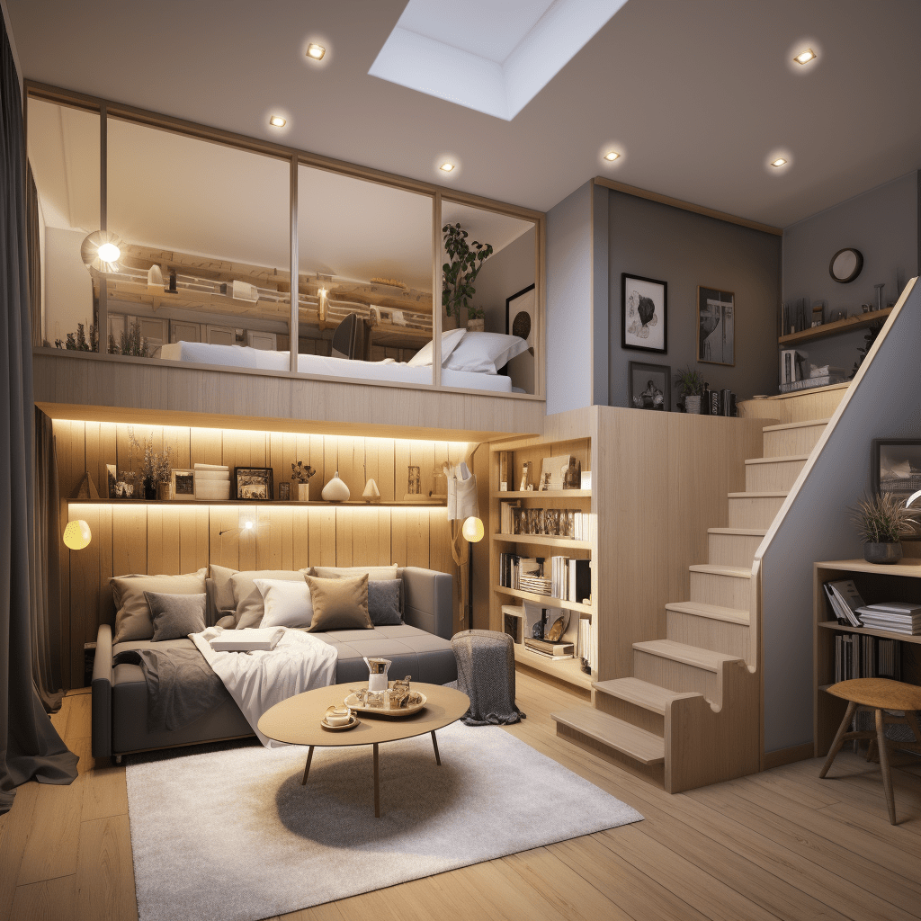 Loftový interiér studia s praktickým uspořádáním prostoru