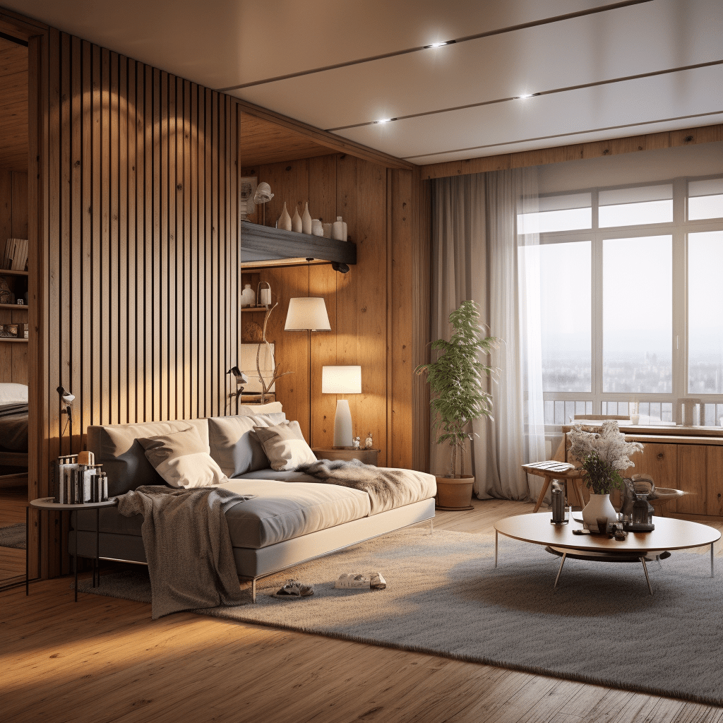 příjemný interiér s dřevěnou posuvnou stěnou