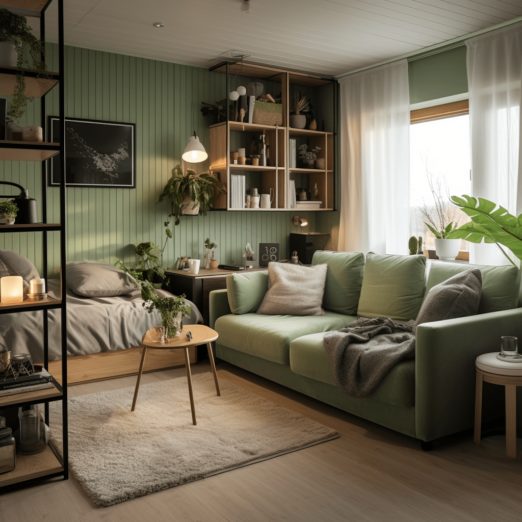 Pokoj v zelené barvě s praktickými úložnými prostory a využitím uspořádání na malém prostoru