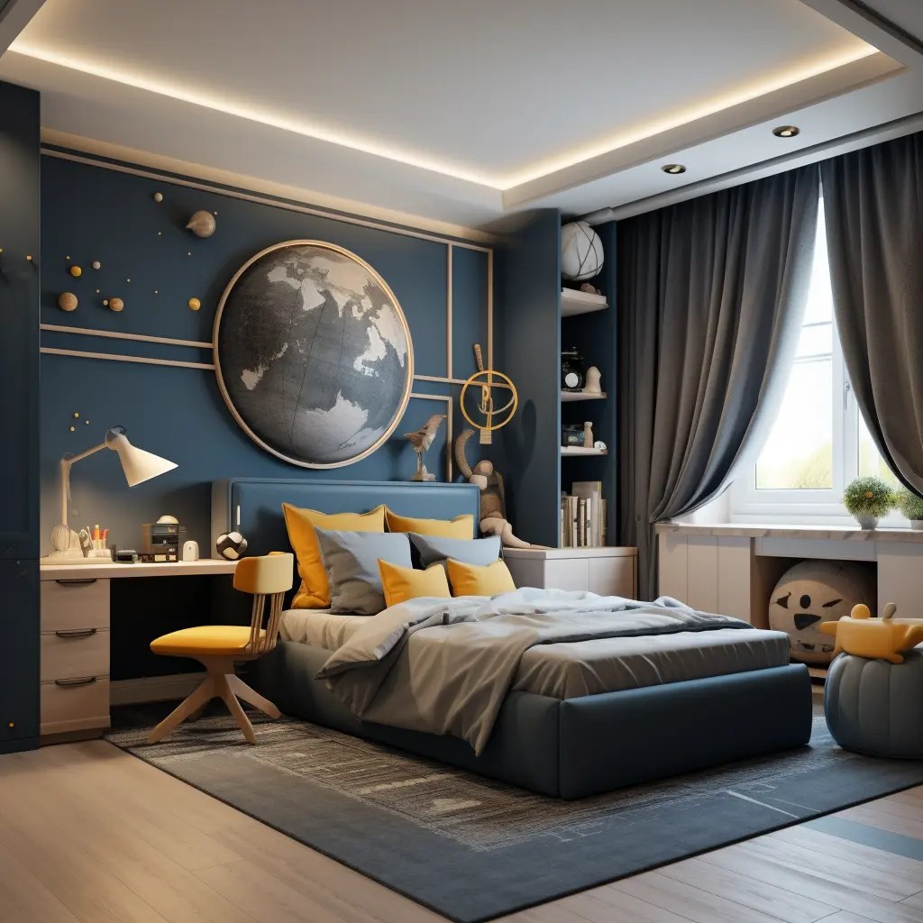 klučičí dětský pokoj v tmavě modré inspirovaný vesmírem